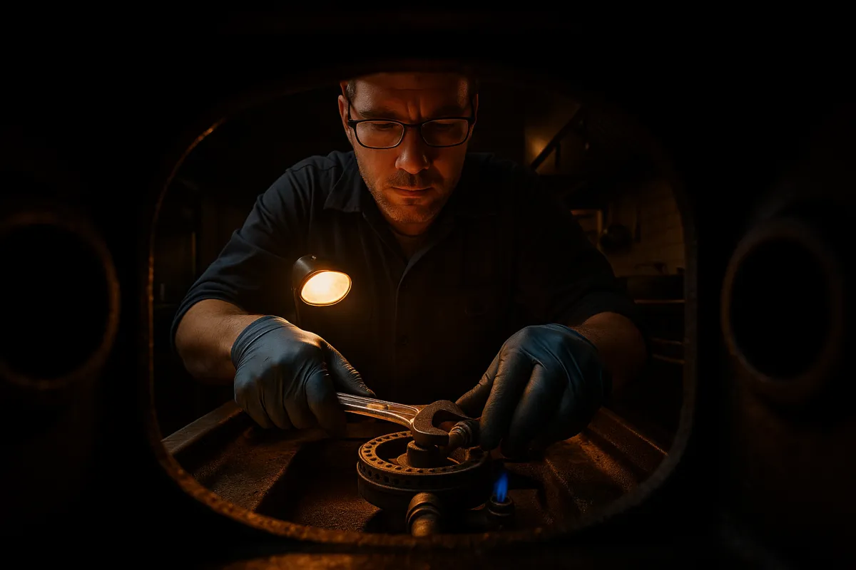 Technician repairing a commercial oven and range on a busy NYC restaurant cook line