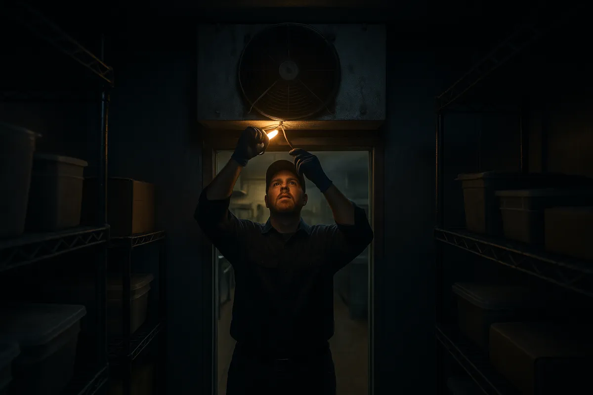 Technician servicing a commercial walk-in cooler in a NYC restaurant kitchen